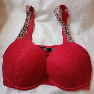 Victoria's Secret Very Sexy Push Up Bra Red Sparkle Rhinestone Strap Size 34D